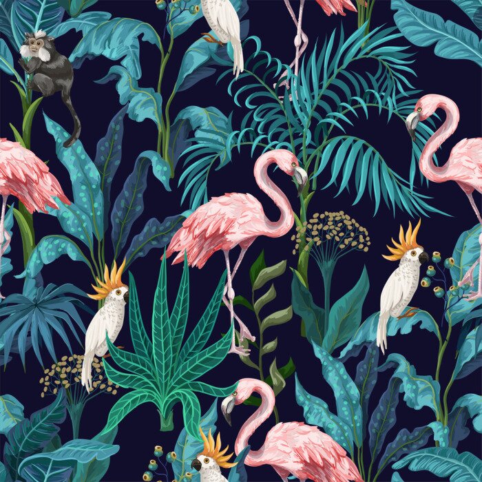 Fototapete Seamless pattern with jungle trees, flamingo and parrots. Vector.