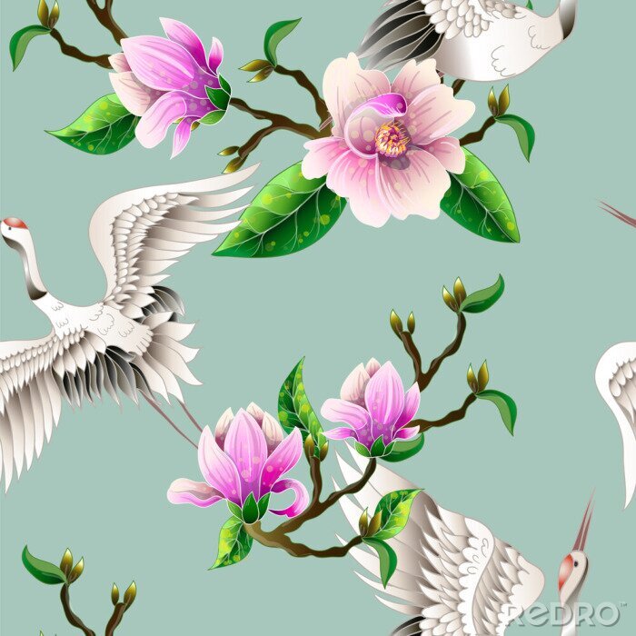 Fototapete Seamless pattern with magnolia flowers and Japanese white cranes. Vector.