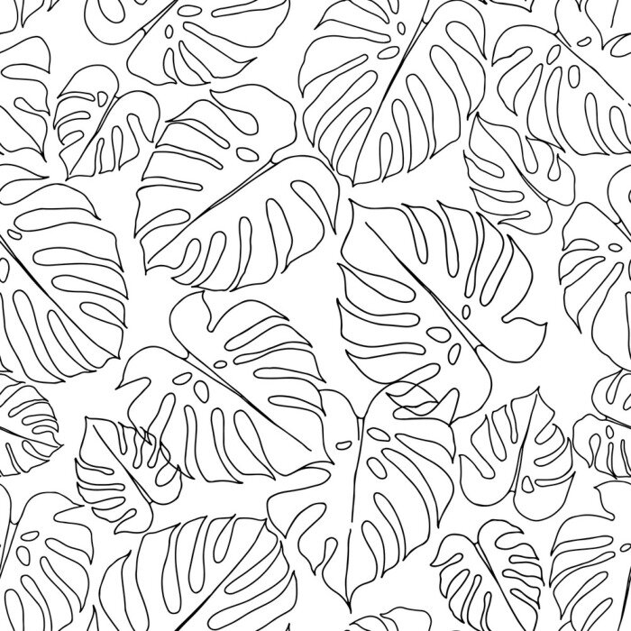 Fototapete Seamless pattern with monstera leaves on white background. Vector monochrome illustration. Hand-drawn leaf outlines.