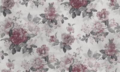 Fototapete Seamless pattern with pink flowers and leaves. Floral pattern for wallpaper or fabric. Background old concrete wall texture.