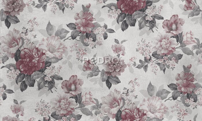 Fototapete Seamless pattern with pink flowers and leaves. Floral pattern for wallpaper or fabric. Background old concrete wall texture.