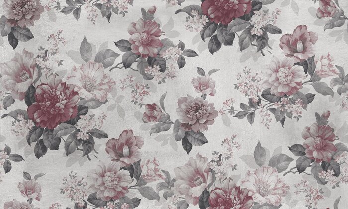 Fototapete Seamless pattern with pink flowers and leaves. Floral pattern for wallpaper or fabric. Background old concrete wall texture.