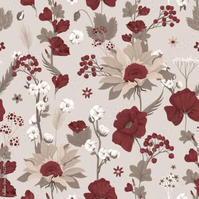 Fototapete Seamless pattern with red flowers on a beige background