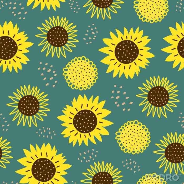 Fototapete Seamless pattern with sun flowers. Cute hand drawn cartoon childish drawing style. Colorful background with ink texture vector illustration, good for fashion textile print.