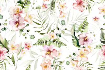 Fototapete Seamless pattern with tropical leaves and flowers. watercolor  Botanic
