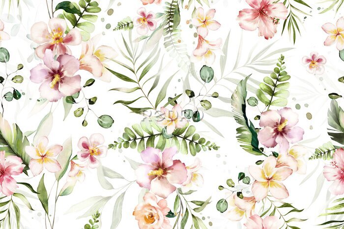 Fototapete Seamless pattern with tropical leaves and flowers. watercolor  Botanic