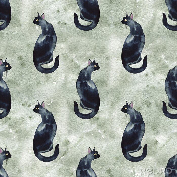 Fototapete Seamless pattern with watercolor silhouette of black cat with long tail.