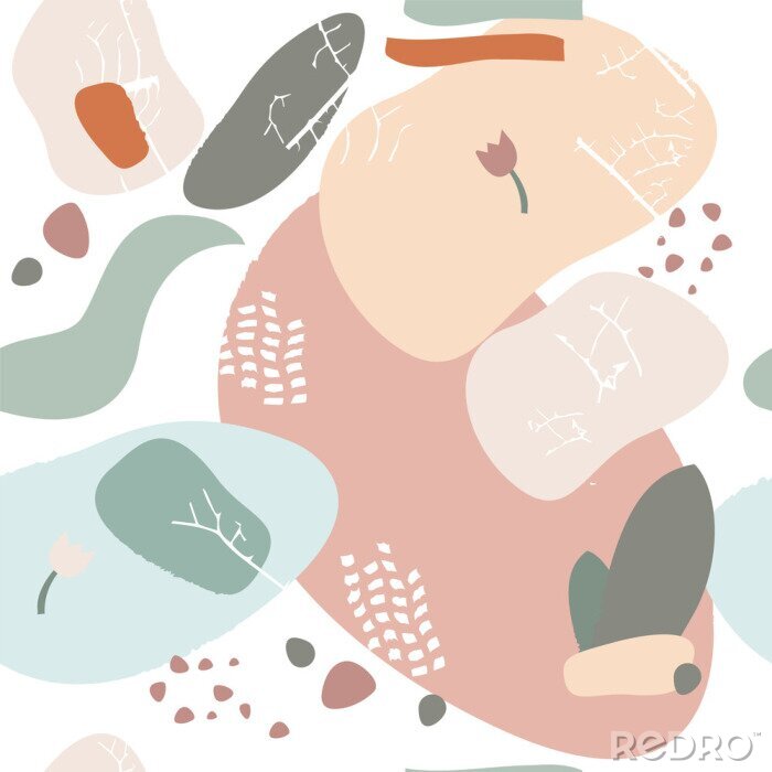 Fototapete Seamless repeat pattern with leaves and abstract forms of natural color