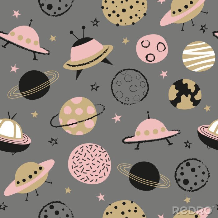 Fototapete Seamless space pattern for kids. Vector background with cartoon planets and UFO.