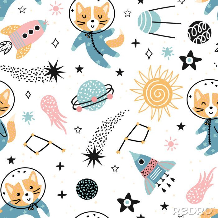 Fototapete Seamless space pattern with cute foxes