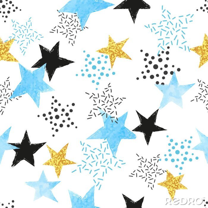 Fototapete Seamless Stars pattern. Vector background with watercolor blue and glittering golden stars.