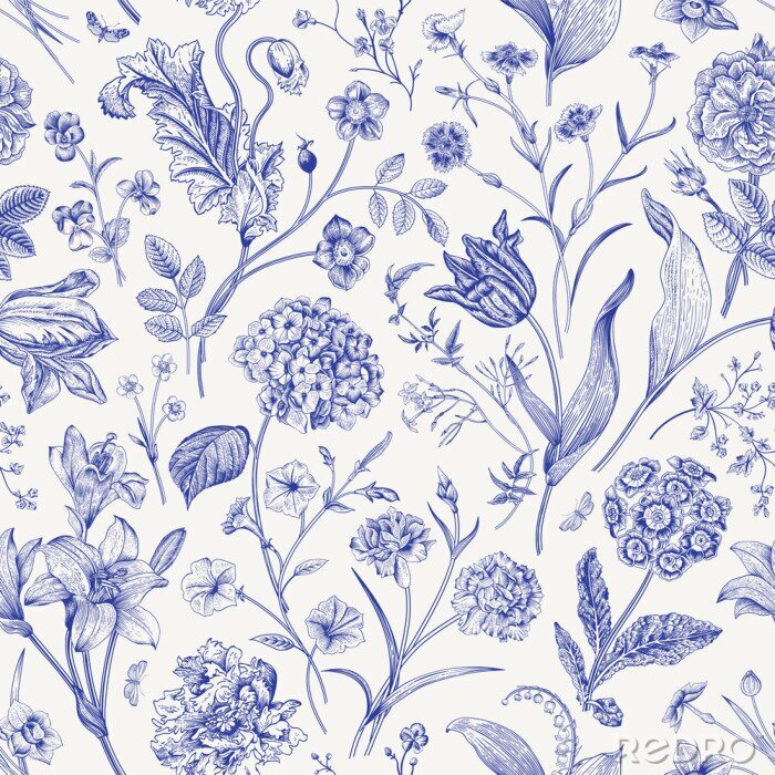 Fototapete Seamless vector floral pattern. Classic illustration. Toile de Jouy