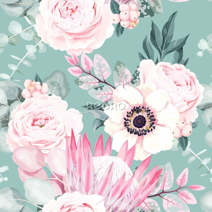 Fototapete Seamless vector pattern with pastel vintage flower