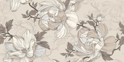Fototapete Seamless wallpaper pattern. Beige and silver flowers, leaves and branches. Textile composition, hand drawn style print.