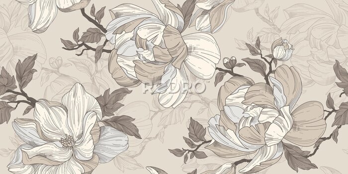 Fototapete Seamless wallpaper pattern. Beige and silver flowers, leaves and branches. Textile composition, hand drawn style print.