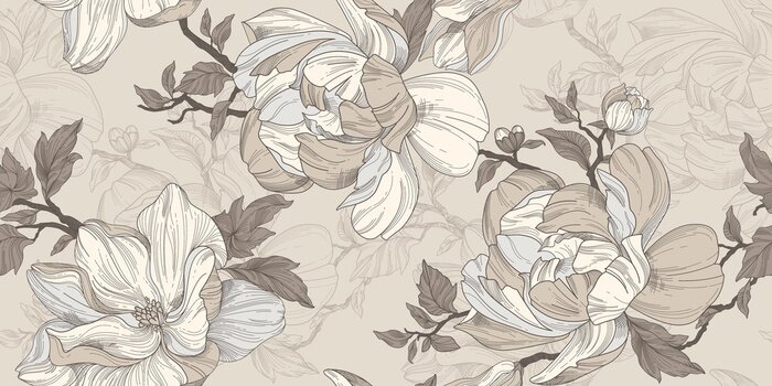 Fototapete Seamless wallpaper pattern. Beige and silver flowers, leaves and branches. Textile composition, hand drawn style print.