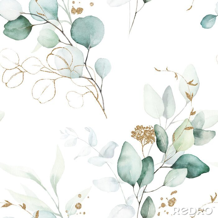 Fototapete Seamless watercolor floral pattern - green & gold leaves, branches composition on white background, perfect for wrappers, wallpapers, postcards, greeting cards, wedding invitations, romantic events.