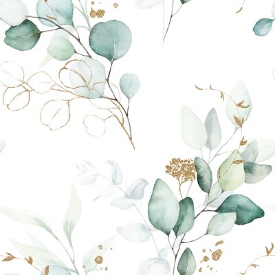 Tapete Seamless watercolor floral pattern - green & gold leaves, branches composition on white background, perfect for wrappers, wallpapers, postcards, greeting cards, wedding invitations, romantic events.