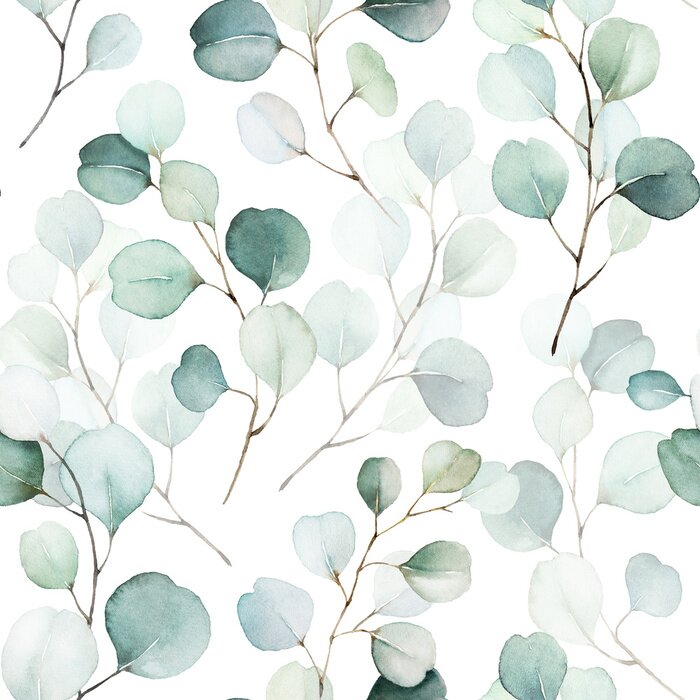 Fototapete Seamless watercolor floral pattern - green leaves and branches composition on white background, perfect for wrappers, wallpapers, postcards, greeting cards, wedding invitations, romantic events.