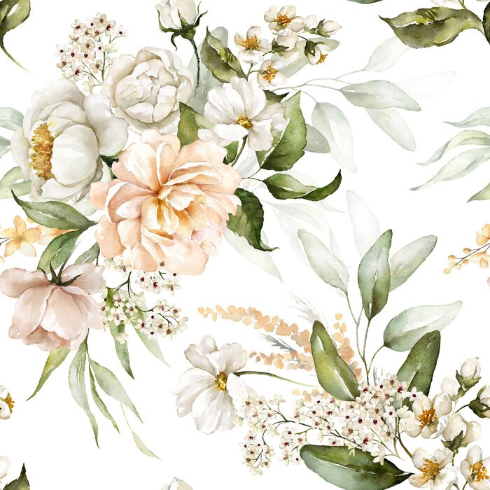 Fototapete Seamless watercolor floral pattern - pink blush flowers elements, green leaves branches on white background; for wrappers, wallpapers, postcards, greeting cards, wedding invites, romantic events.