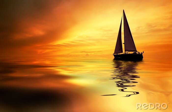 Fototapete Segelboot im gelben Himmel
