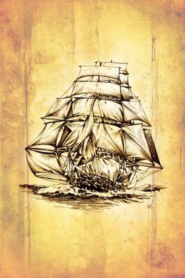Fototapete Segelschiff-Skizze im Retro-Stil