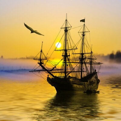 Fototapete Segelschiff und Nebel auf Wasser