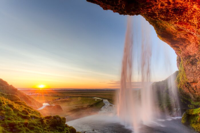 Fototapete Seljalandsfoss Wasserfall bei Sonnenuntergang, Island