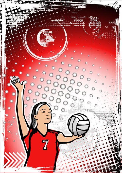 Fototapete Servierende Volleyballspielerin auf rotem Hintergrund