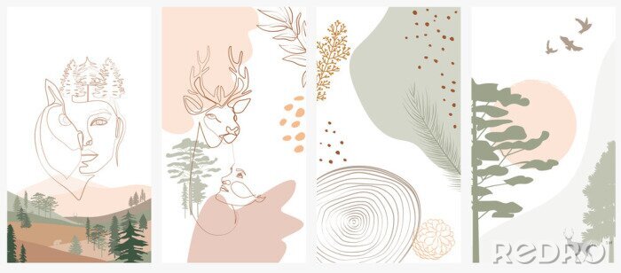 Fototapete Set of abstract vertical background with forest animals, woman face, plants in one line style and abstract shapes and landscape. Background for social media minimalistic style. Vector illustration
