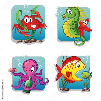 Fototapete Set of cute cartoon sea animals. Crab, seahorse, starfish, octopus, fishes