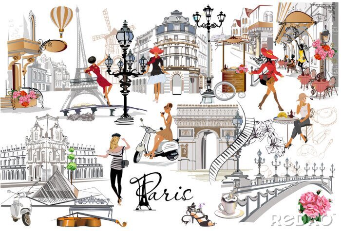 Fototapete Set of Paris illustrations with fashion girls, cafes and musicians. Vector illustration.