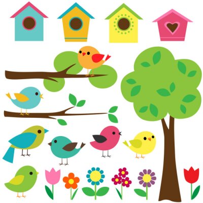 Set Vögel mit Vogelhäuschen, Bäumen und Blumen.