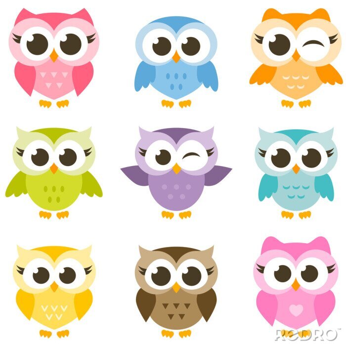 Fototapete Set von niedlichen bunten Eulen isoliert auf weißem Hintergrund