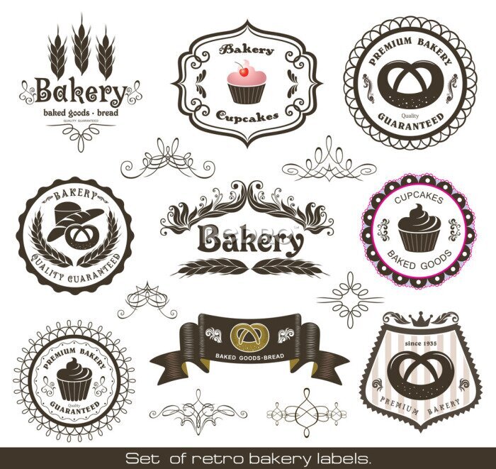 Fototapete Set von Retro-Bäckerei Etiketten und Dekorationselemente.