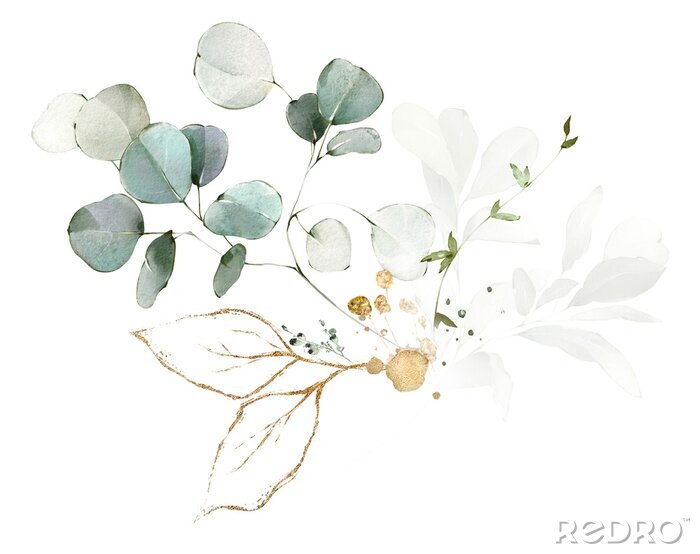 Fototapete Set watercolor arrangements with garden herbs. collection leaves, branches. Botanic illustration isolated on white background.
