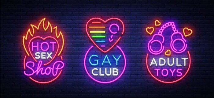 Fototapete Sex-Shop-Reihe von Logos in Neon-Stil. Leuchtreklame-Sammlung, homosexueller Verein, erwachsene Spielwaren, Designschablone, helle Fahne auf dem Thema der Sexindustrie, helle Neonwerbung. Vektor-Illus