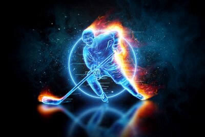Fototapete Silhouette of a hologram of a hockey player on fire on a dark background. The concept of sports, speed, sports betting. 3D illustration, 3D render.