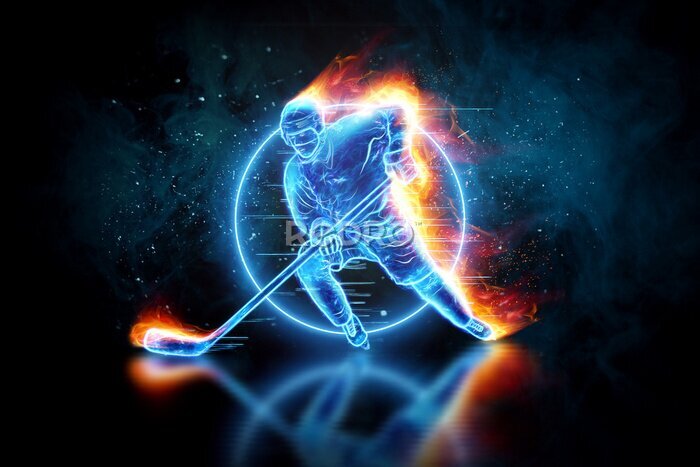 Fototapete Silhouette of a hologram of a hockey player on fire on a dark background. The concept of sports, speed, sports betting. 3D illustration, 3D render.