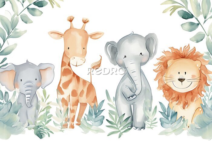 Fototapete simple minimalistic flat style of watercolor sketch of cute cartoon::1

baby elephant, giraffe, lion, zebra], print for nursery room, duotone, pastel colors, pastel blue, pastel grey, white background