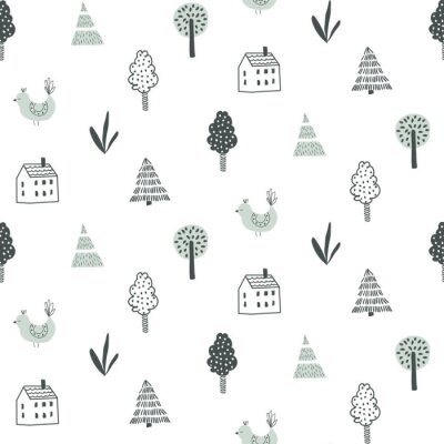 Skandinavisches Muster mit kleinen Häusern und Bäumen