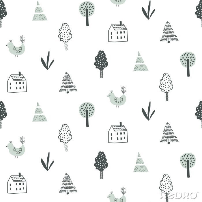 Fototapete Skandinavisches Muster mit kleinen Häusern und Bäumen
