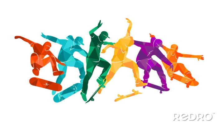 Fototapete Skate people silhouettes skateboarders colorful vector illustration background extreme