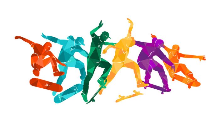 Fototapete Skate people silhouettes skateboarders colorful vector illustration background extreme