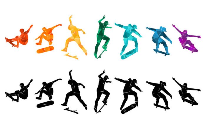 Fototapete Skate people silhouettes skateboarders colorful vector illustration background extreme skateboard, skateboarding	