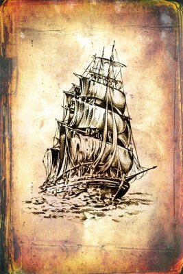 Fototapete Skizze des Schiffes auf altem Pergament