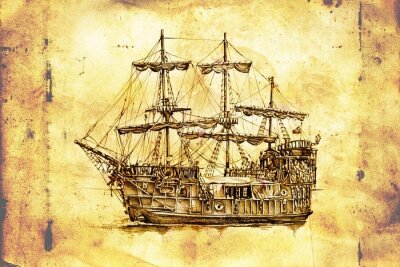 Fototapete Skizze des Schiffes mit aufgerollten Segeln