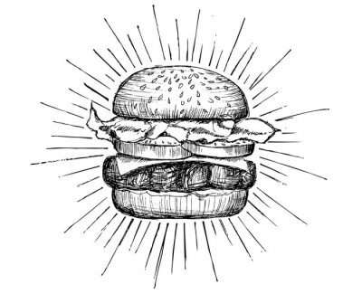 Fototapete Skizze eines Hamburgers auf weißem Hintergrund