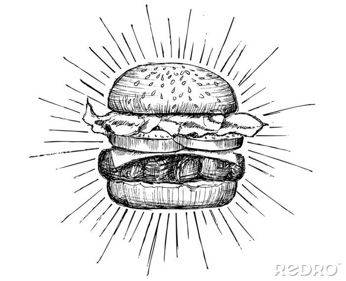 Fototapete Skizze eines Hamburgers auf weißem Hintergrund