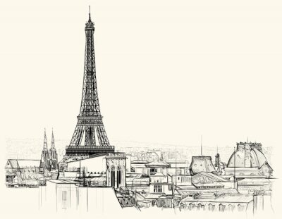 Fototapete Skizze mit Denkmälern von Paris